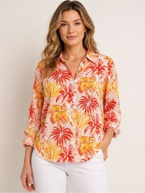 J.McLaughlin Britt Linen Tropical Palm Print Button Front Shirt Size Large
